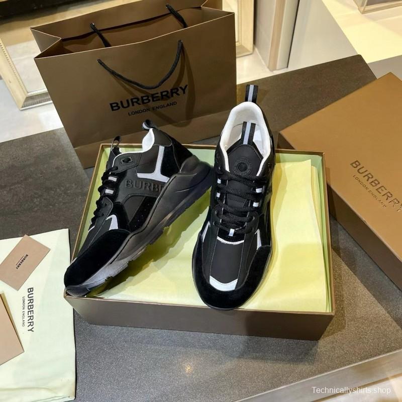 2025 Unisex Burberry Black White Leather Suede Sneakers MJ00380