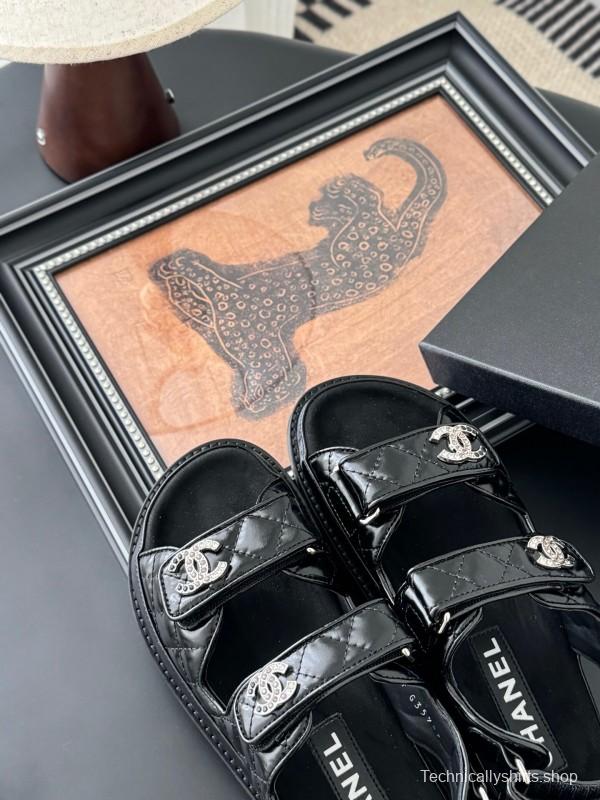 2025 Women Chanel Black Patent Leather Sandals LY00320
