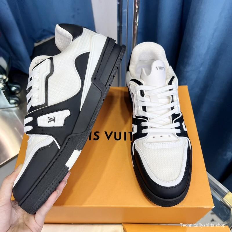 2025 Unisex Louis Vuitton White Black Leather Sneakers