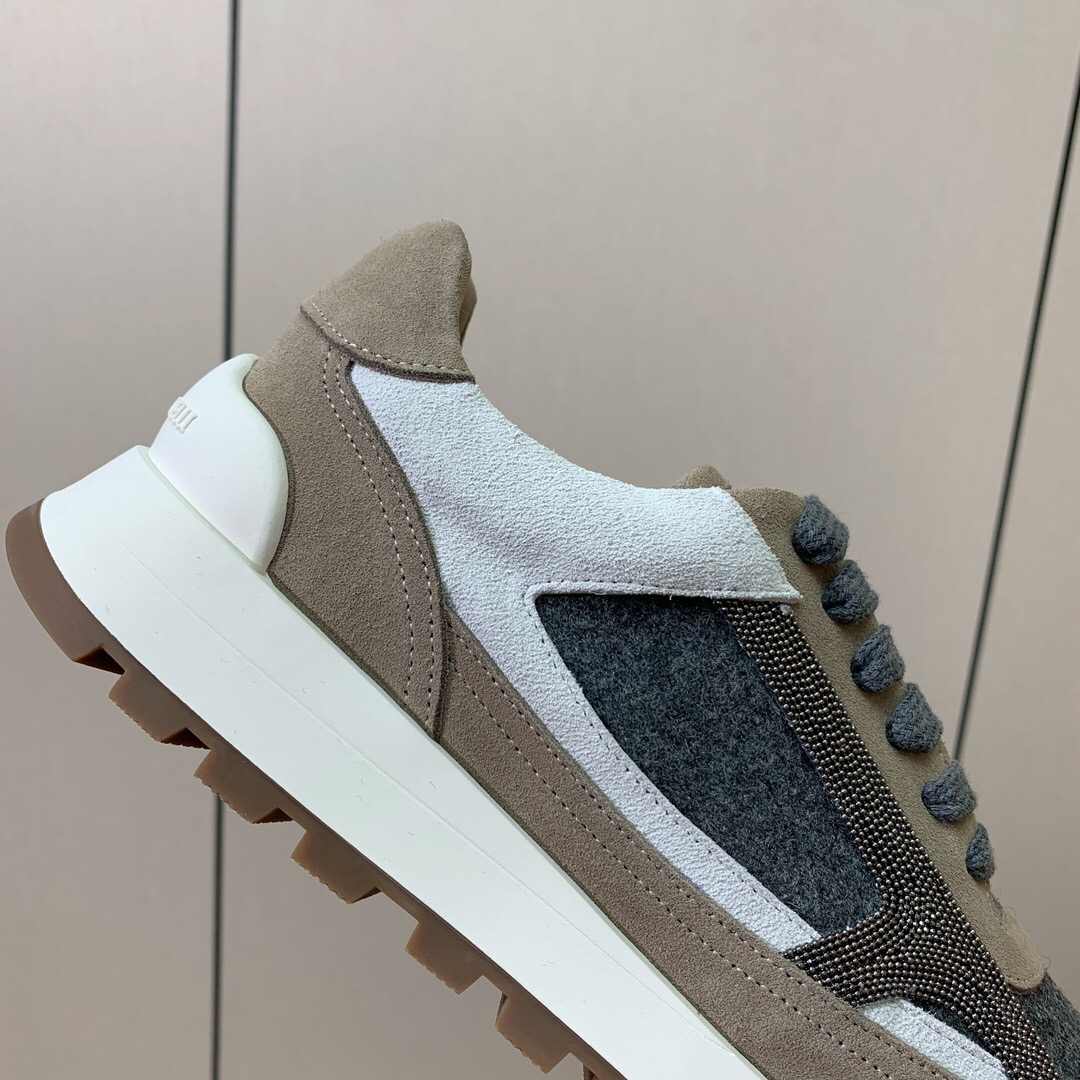 2025 Unisex Brunello Cucinelli Beige Gray White Leather Wool Casual Sneakers LY