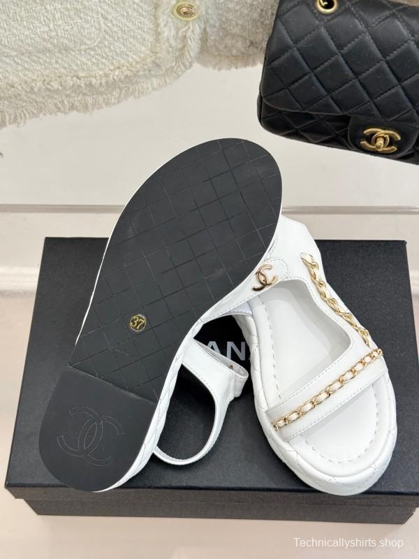 2025 Women Chanel White Leather Sandals Chain Decoration KFY00270
