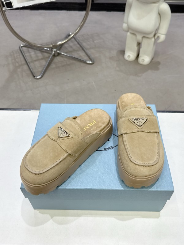 2025 Women Prada Beige Suede Loafer Slip-On KFY00280