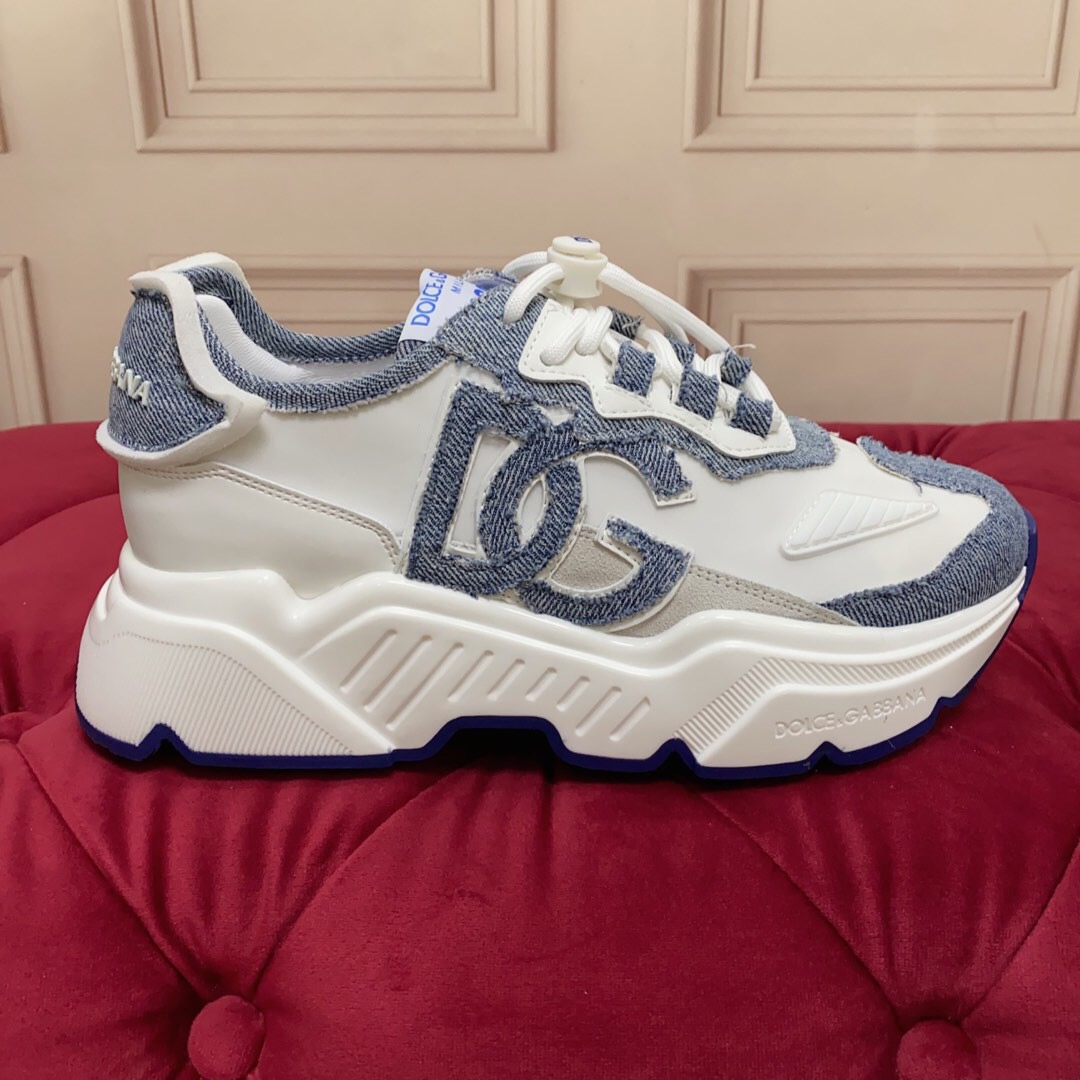 2025 Unisex Dolce & Gabbana White Blue Denim Leather Sneakers LY00330(F)/LY00340(M)