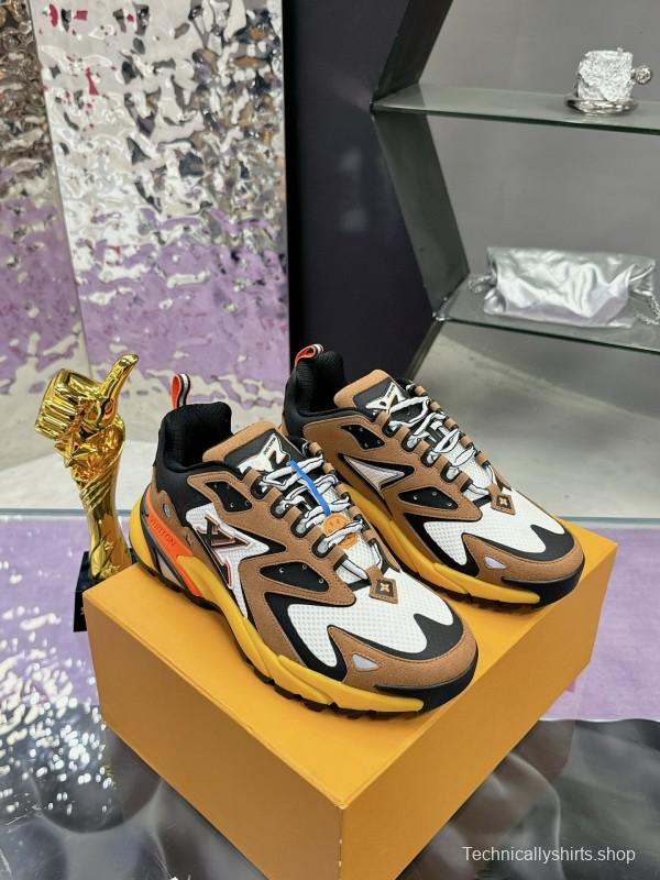 2025 Men Louis Vuitton Brown White Black Mesh Leather Sneakers MJ00420