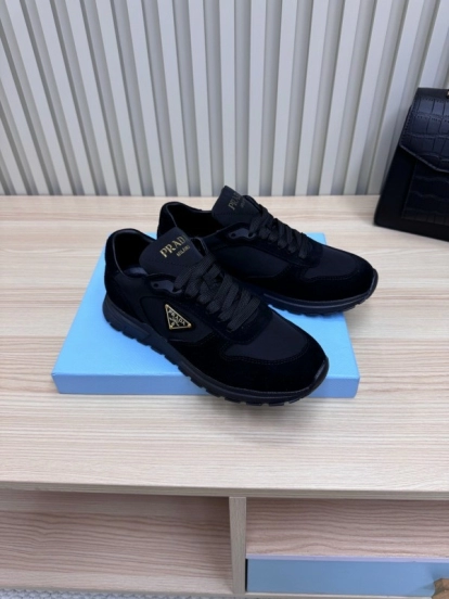 2025 Women Prada Black Suede Nylon Sneakers LY00300