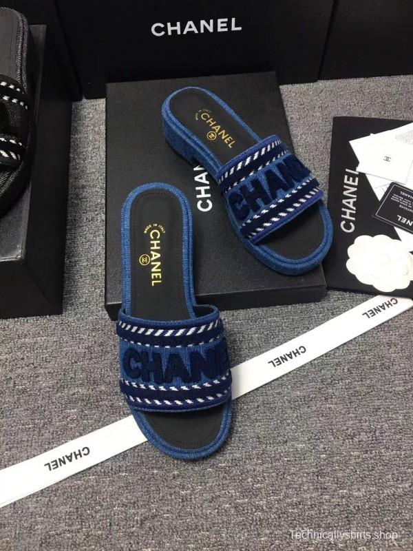 2025 Slippers Chanel Blue Fabric Slippers LY00270