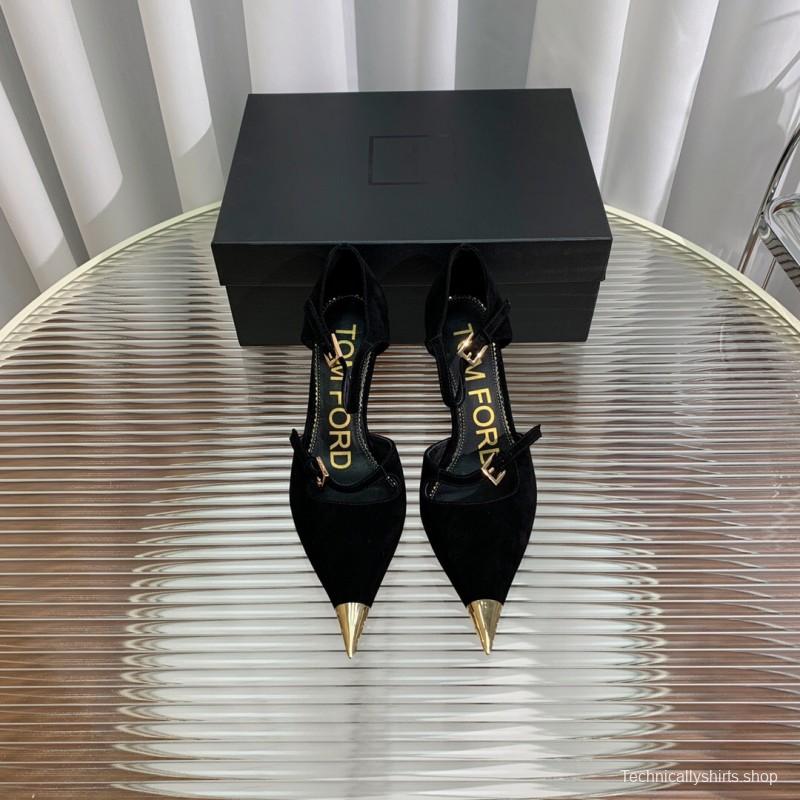 2025 Women TOM FORD Black Gold Suede Leather Pointed Pumps KFY00320