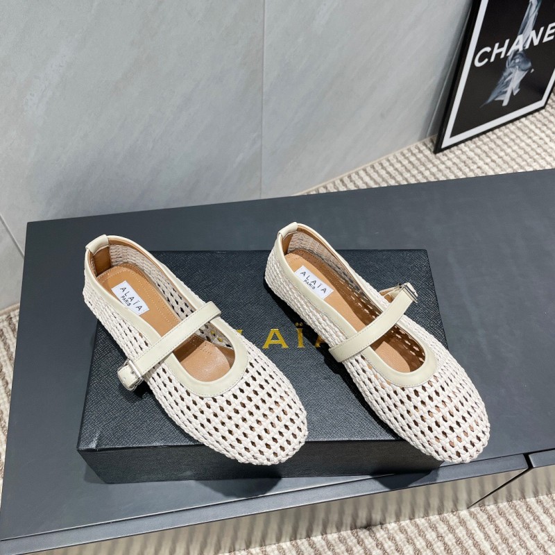 2025 Women Alaïa White Leather Woven Mary Jane Flat Shoes LY00360(F)
