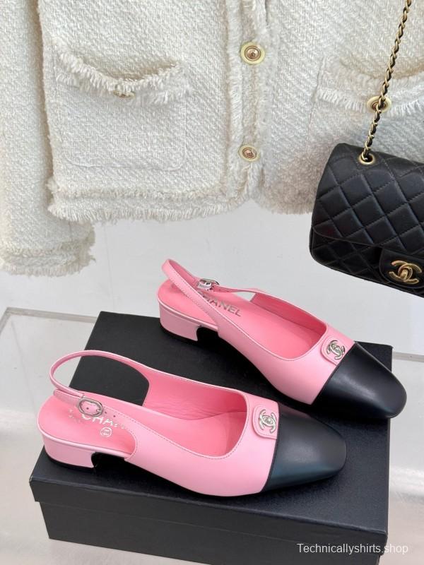 2025 Women Chanel Pink Black Leather Slingback Low Heel KFY00280