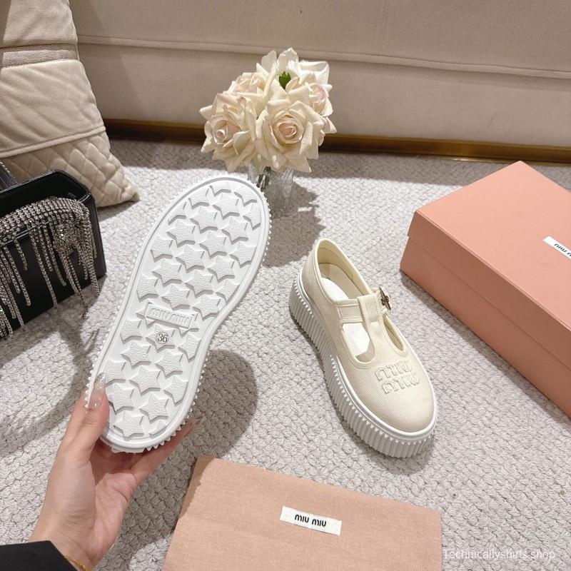 2025 Women Miu Miu White Canvas Platform Mary Jane LY00270