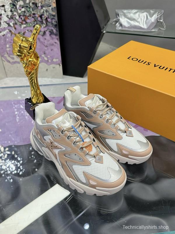 2025 Men Louis Vuitton Gradient Color Beige White Mesh Leather Sneakers MJ00420