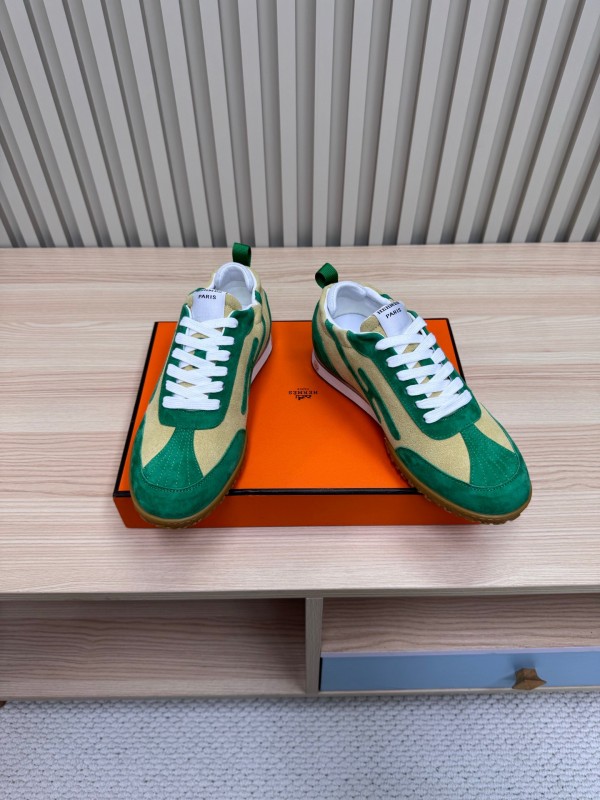 2025 Unisex Hermès Green Beige Suede Down Fabric Sneakers Top Version KFY00300