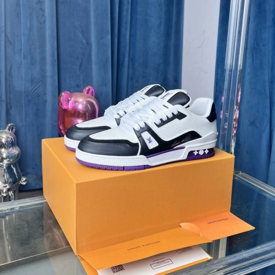 2025 Unisex Louis Vuitton White Black Purple Leather LV Trainer