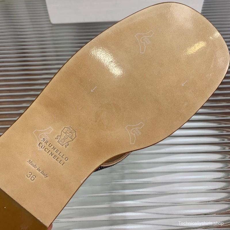 2025/Women Brunello Cucinelli Beige Leather Flat Sandals Handcrafted Chain Detail KFY00300 (F)