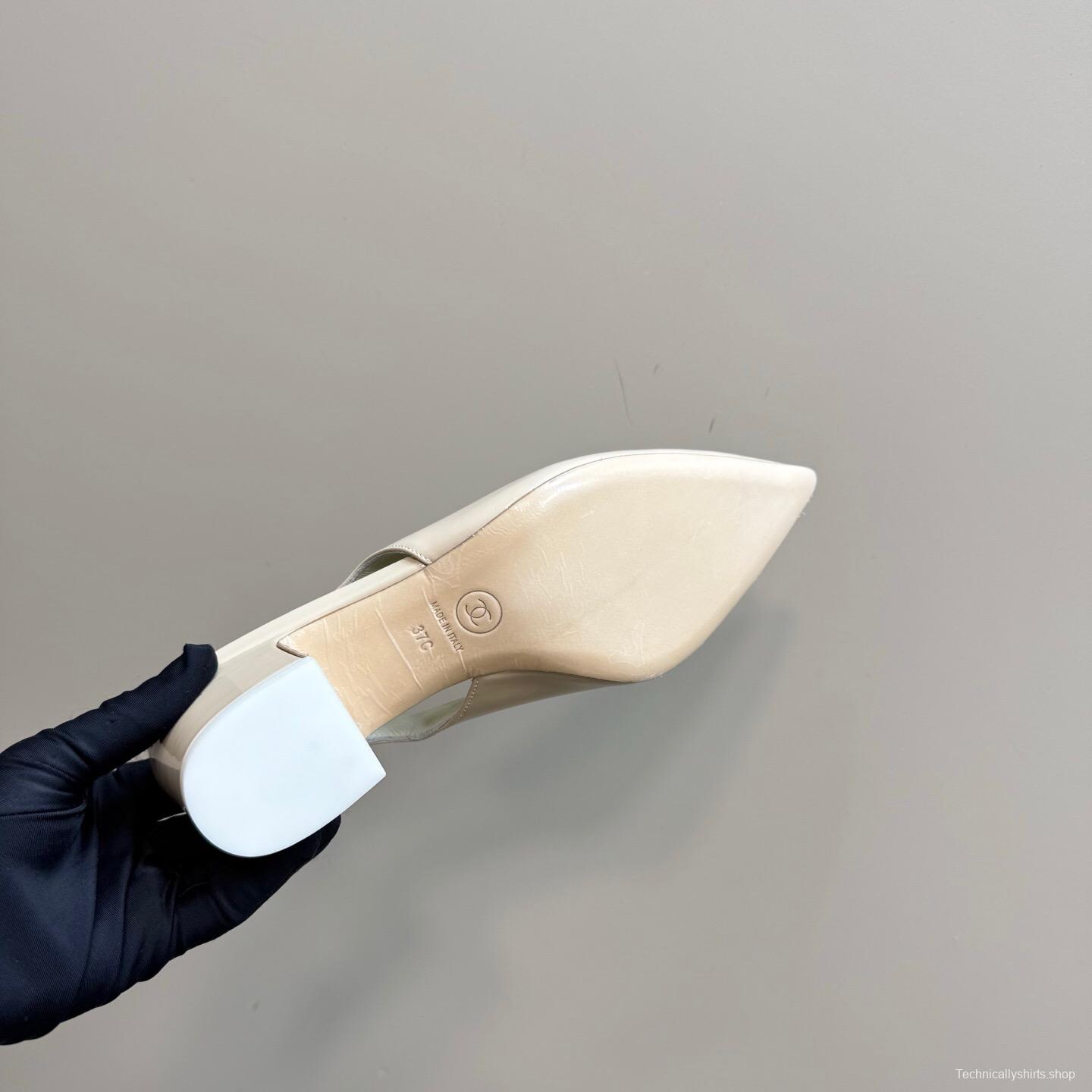 2025 Women Chanel Beige Patent Leather Slingback Heels