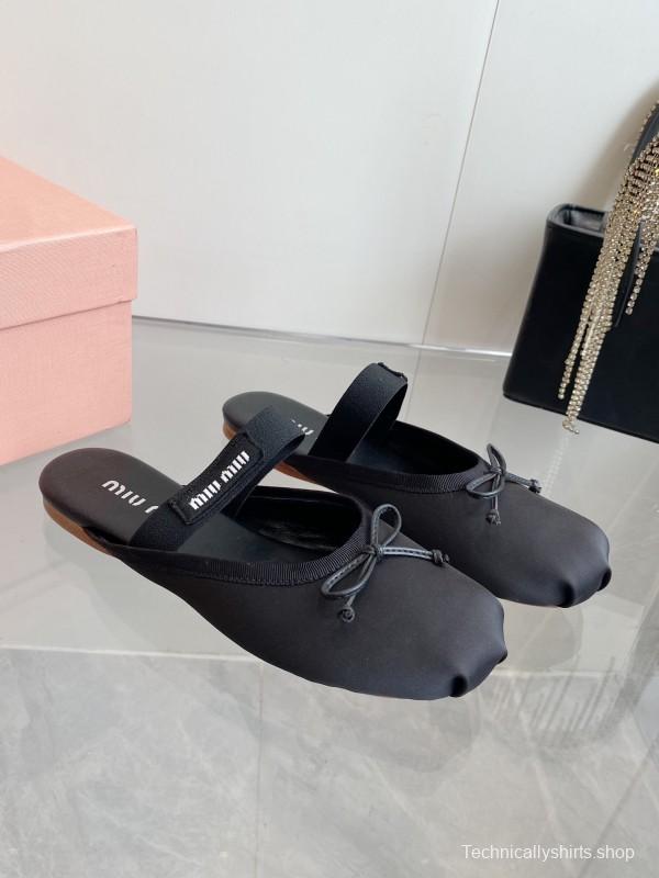 2025 Women Miu Miu Black Nylon Ballet Flats LY00380