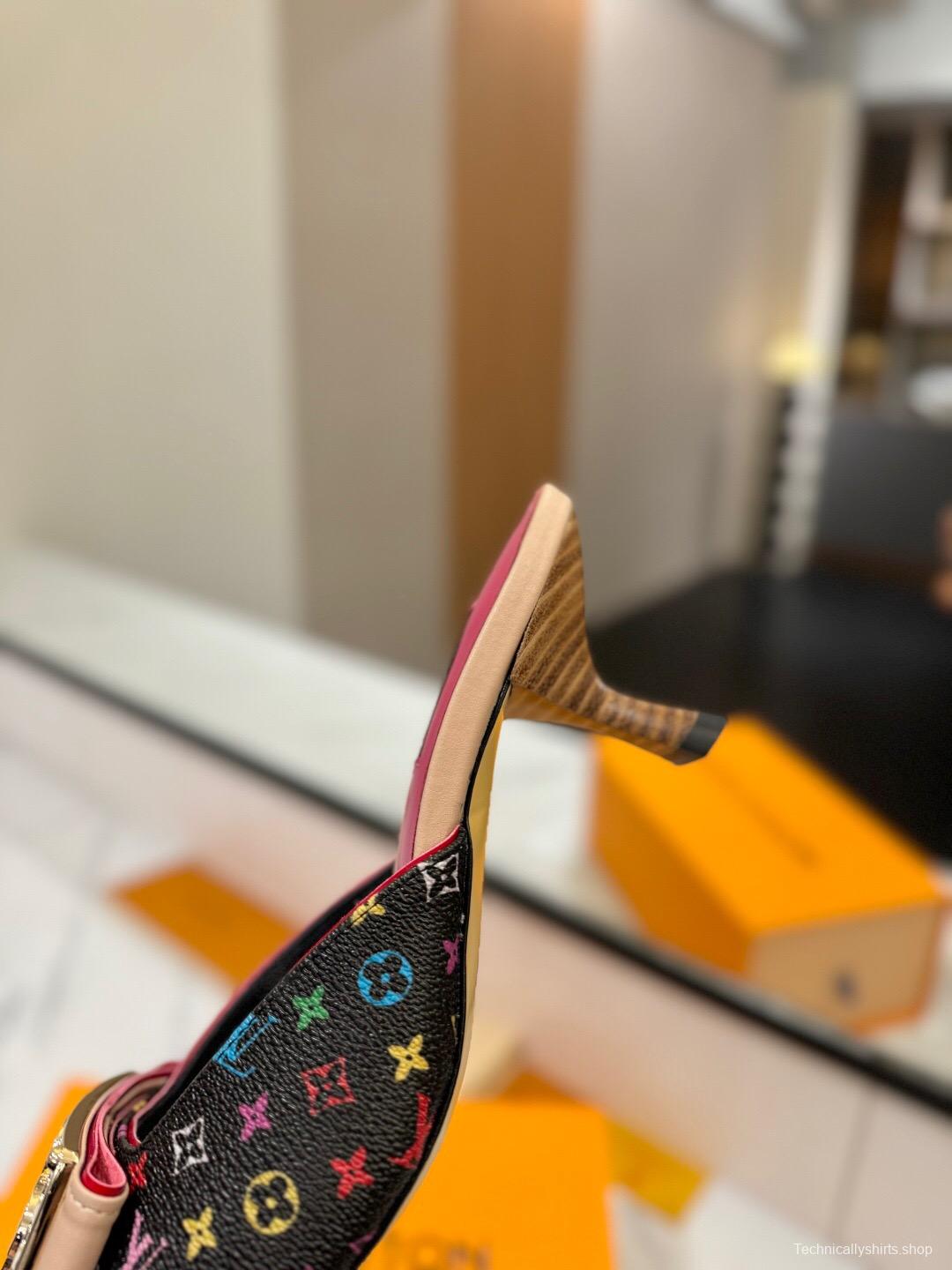 2025 Women Louis Vuitton Black Multicolor Leather Mules KFY00320