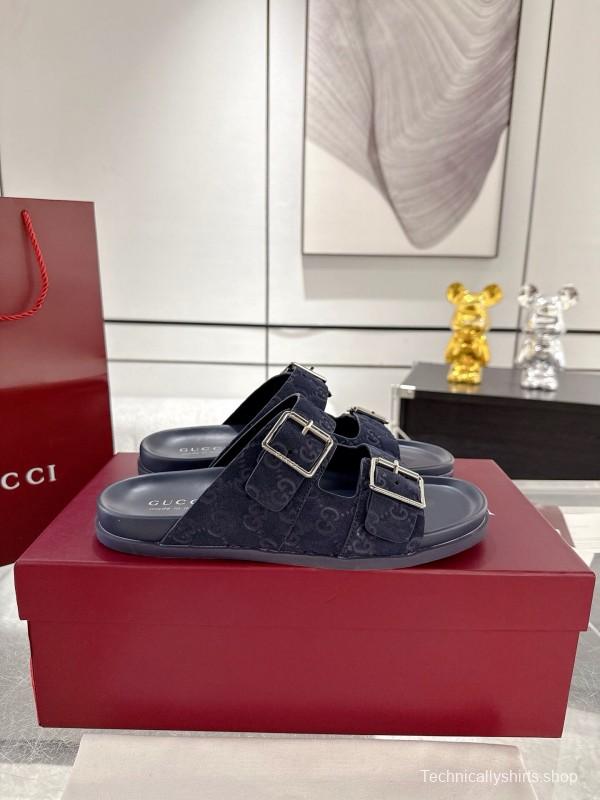 2025 Unisex Gucci Black Leather Fabric Slippers Double G Embossed AS00240