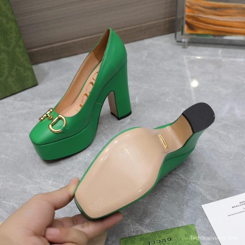 2025 Women Gucci Green Leather Platform Pumps KFY00320