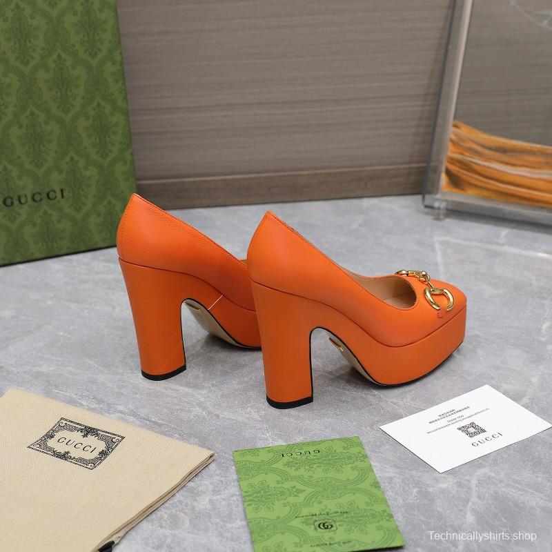 2025 Women Gucci Orange Leather Platform Pumps KFY00320