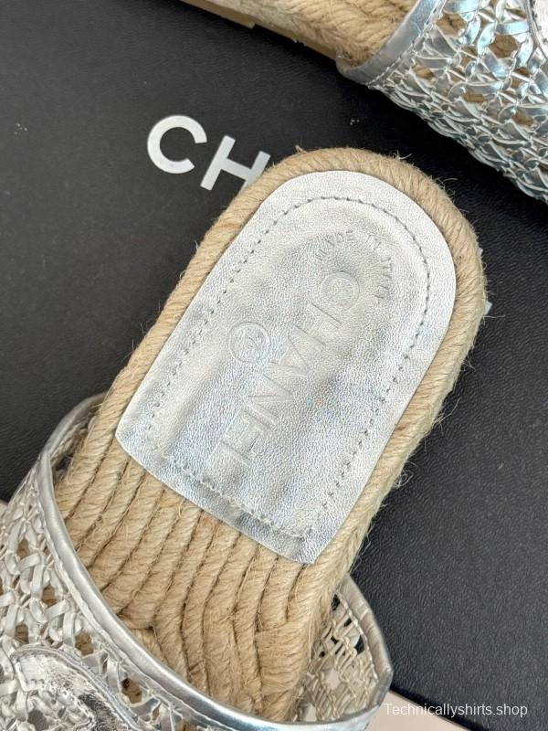 2025 Women Chanel Silver Leather Woven Fisherman Slippers KFY00240
