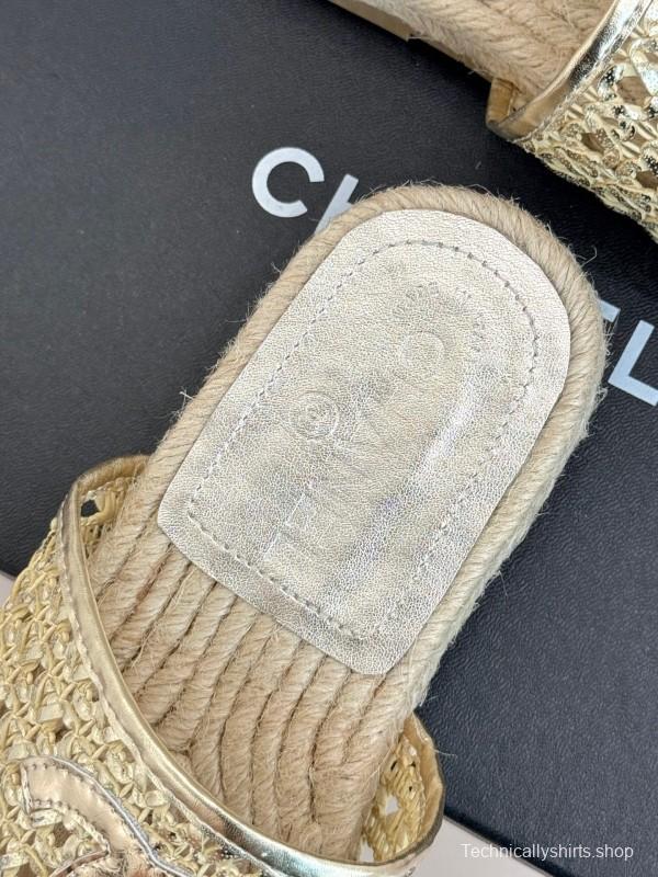 2025 Women Chanel Beige Custom Material Rope Sole Slippers Big CC Hollow Weave KFY00240