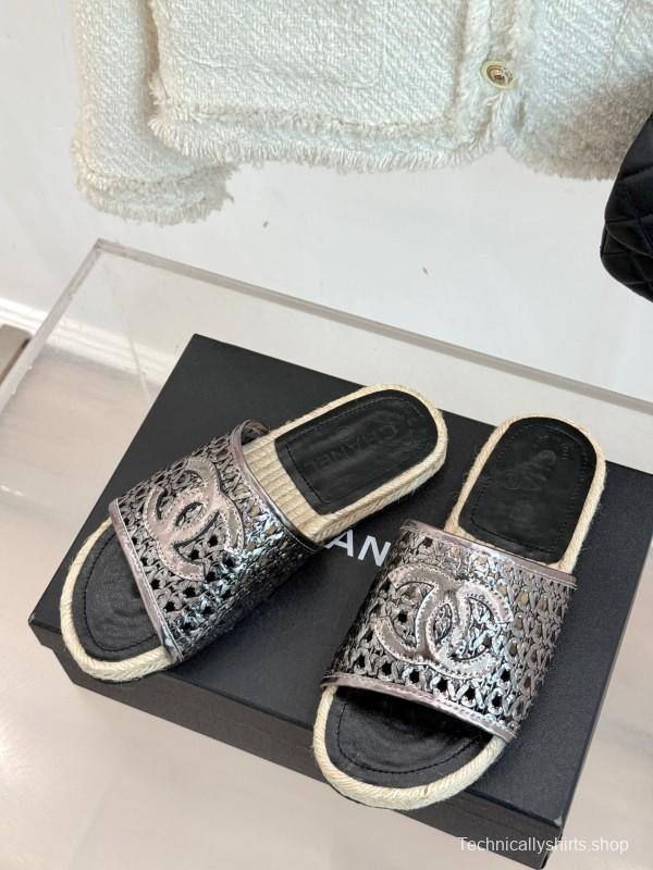 2025 Women Chanel Black Metallic Leather Slippers Hollow Weave KFY00240