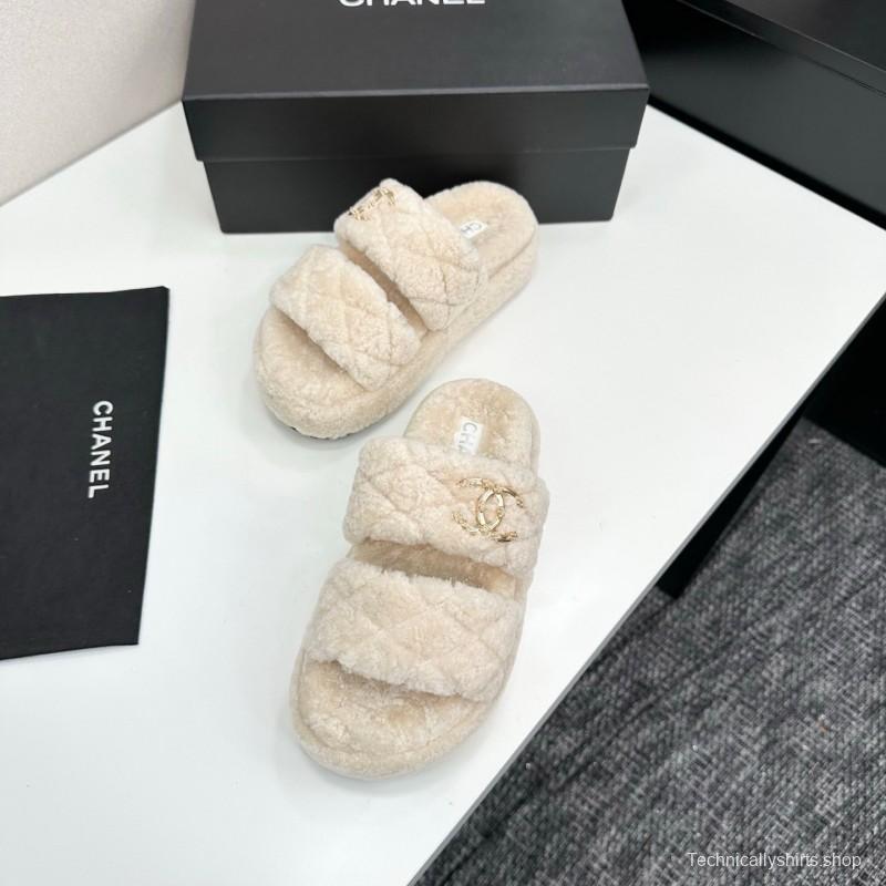Chanel 2025 SS New Autumn Winter Lazy Sheep Genuine Wool Lazy Slippers Chanel Quilted Thick Sole Fur Slides - LY00300