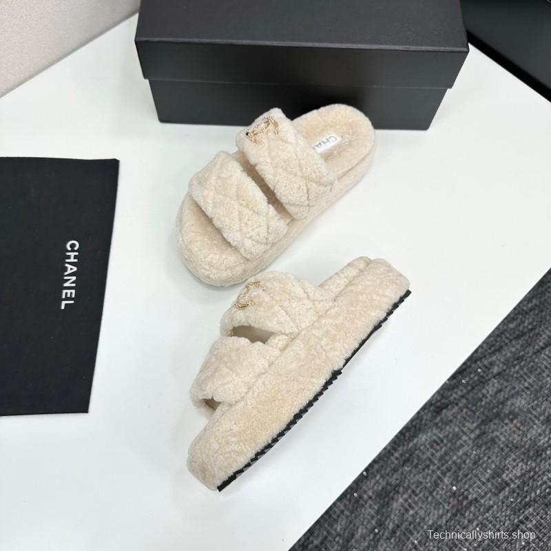 Chanel 2025 SS New Autumn Winter Lazy Sheep Genuine Wool Lazy Slippers Chanel Quilted Thick Sole Fur Slides - LY00300