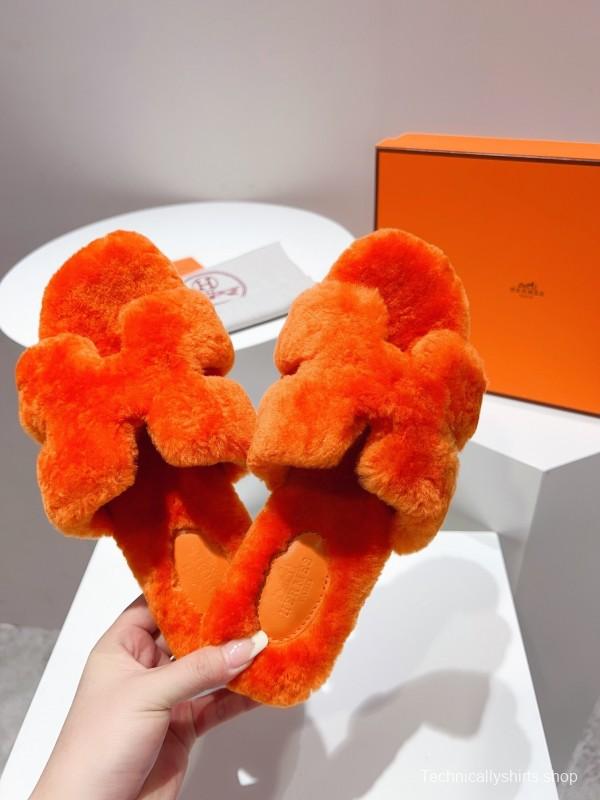 Hermès Teddy Wool H Slippers Flat Sole Fur Slides - LY00240