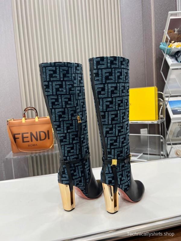 FENDI Delfina Round Toe Boots with FF Buckle and Heel Detail - LY00