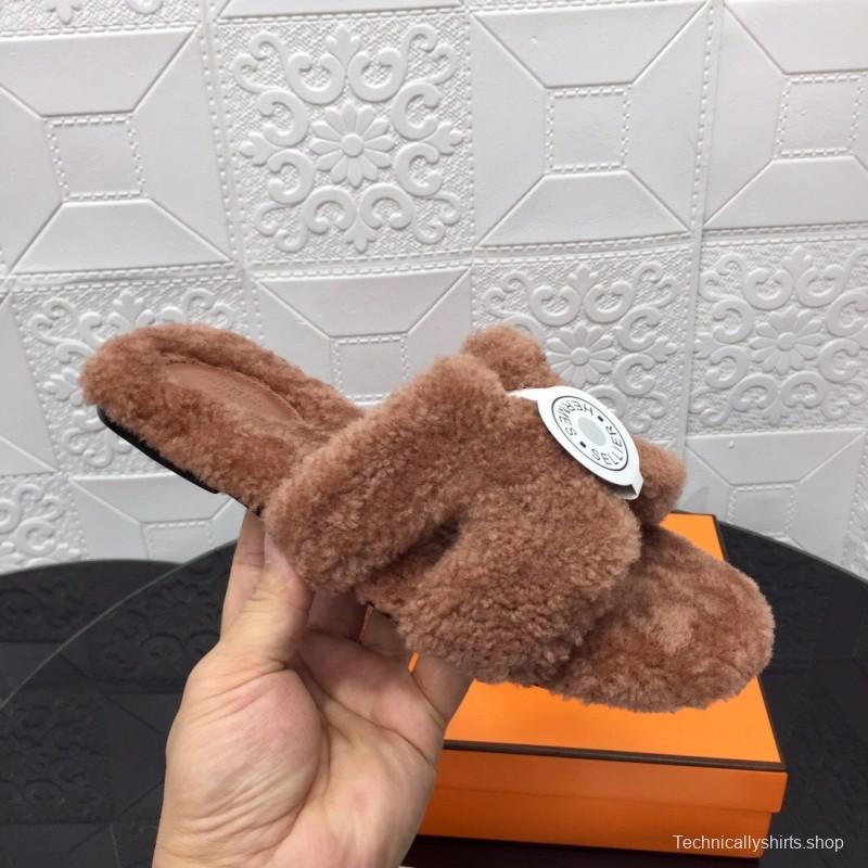 H Eiderdown Teddy Wool H Slippers Flat Sole Winter Home Shoes - LY00240