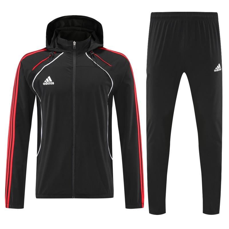 26/27 Adidas Black With Red stripes Full Zipper Hooded Jacket Tracksuit + Long Pants