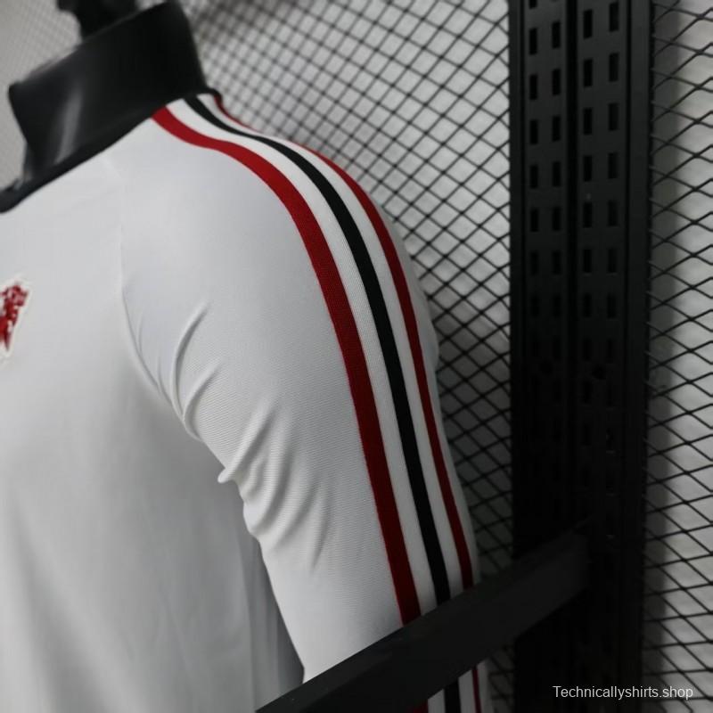 Player Version 2026 Manchester United Away White with  Red Shoulder Stripe Long Sleeve Jersey