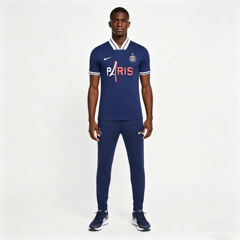 26/27 Paris Saint-Germain Navy Blue with "PARIS" Eiffel Tower Short Sleeve Tracksuit + Long Pants
