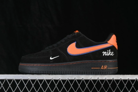 Nike Air Force 1 '07 Low Basketball Shoes with Black Suede and Orange Swoosh - FV3694-109