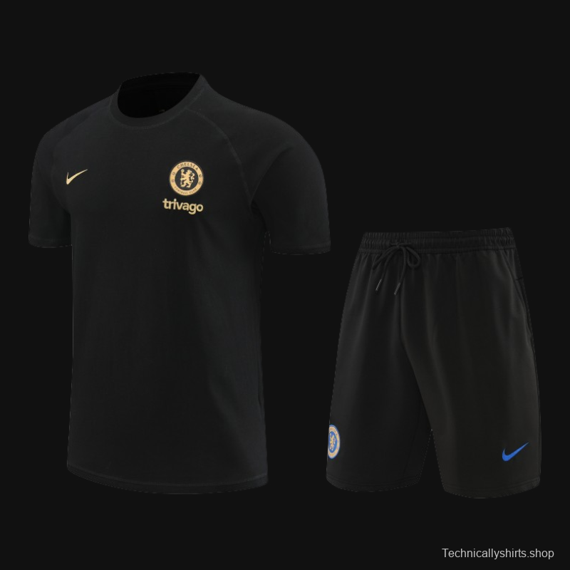 23/24 Chelsea Black Cotton Short Sleeve Jersey+Shorts