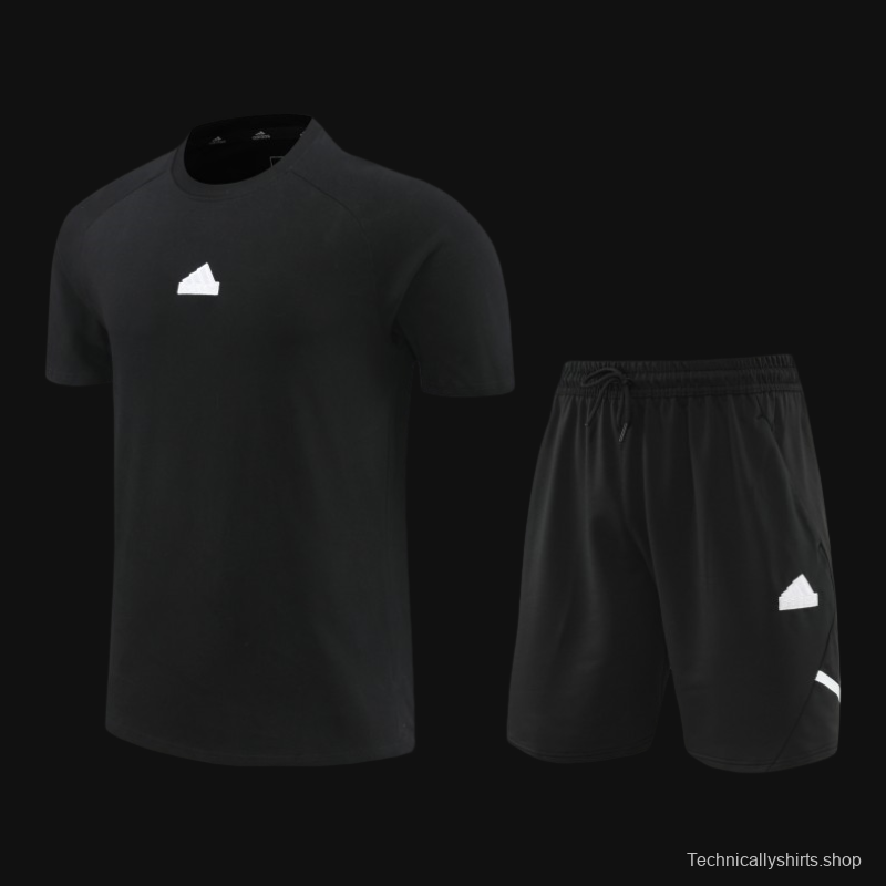 23/24 Adidas Black Cotton Short Sleeve Jersey+Shorts