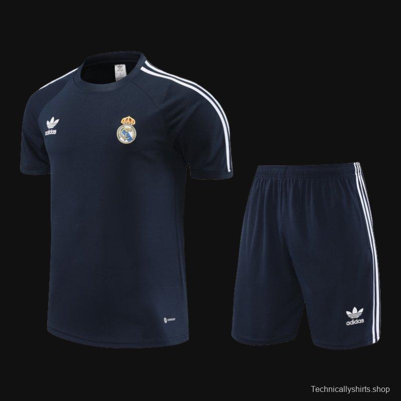 23/24 Adidas Originals Real Madrid Navy Cotton Short Sleeve Jersey+Shorts