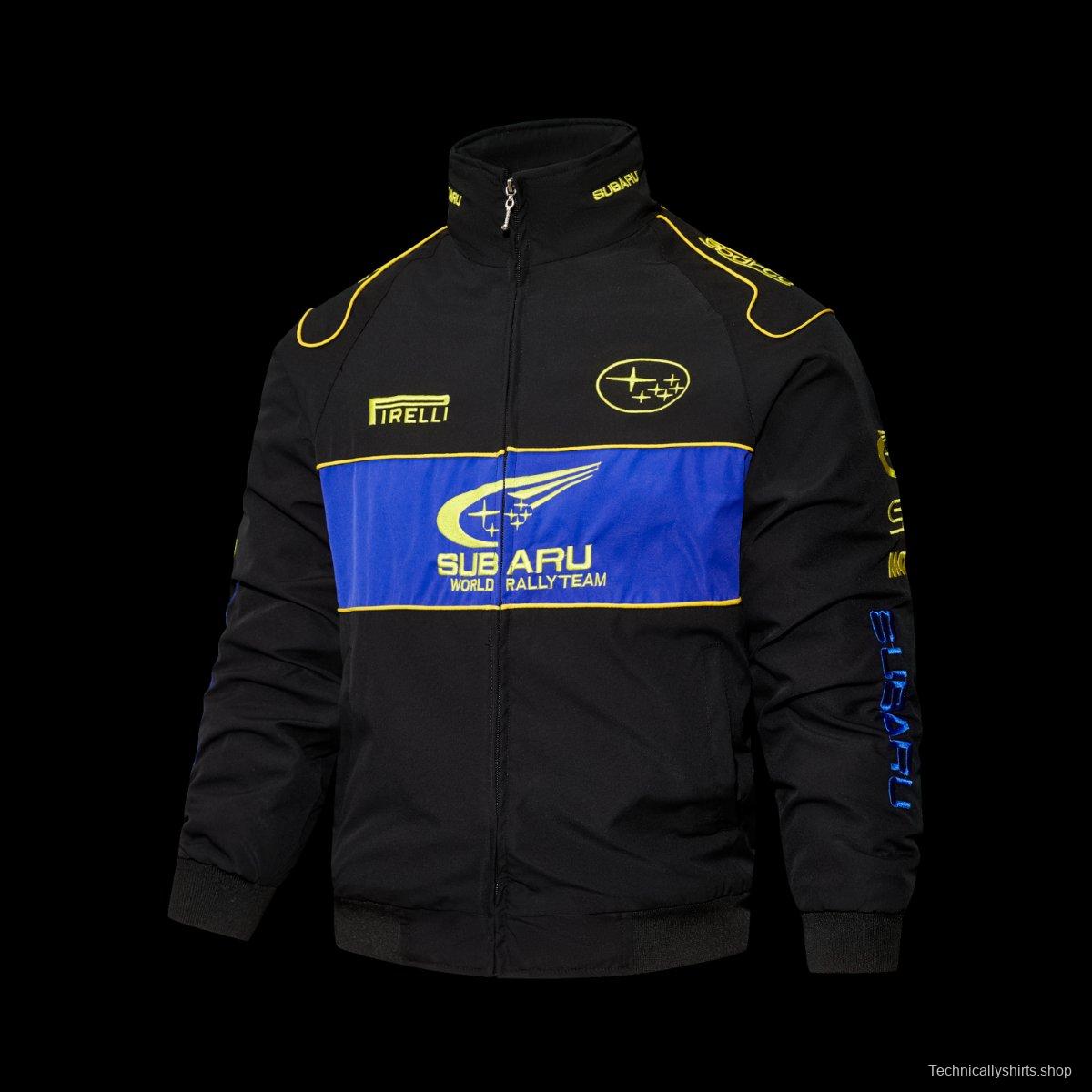 2026 F1 Subaru World Rally Team Black and Blue Racing Jacket with Yellow Trim and Pirelli Logo