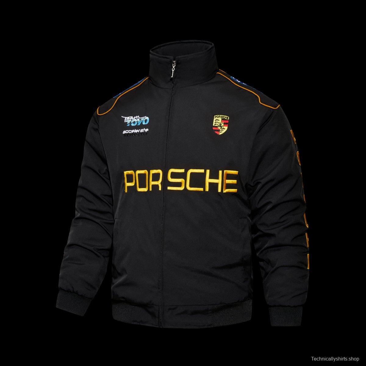 2026 F1 Porsche Motorsport Black Racing Jacket with Gold Lettering and Crest Badge